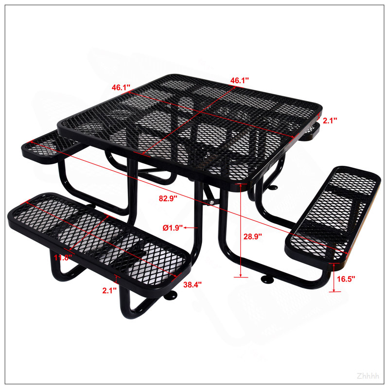 Square Outdoor Steel Picnic Table 46" ,With Umbrella Pole, Black