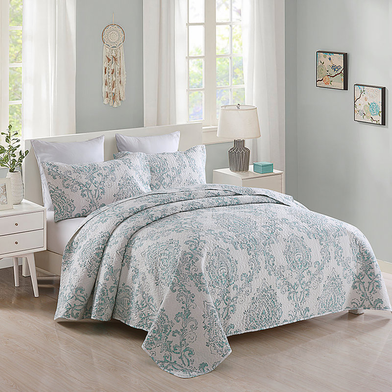  Ensemble de courtepointe délicate en microfibre blanche / verte 3 pièces, Courtepointe très grand + 2 taies décoratives
