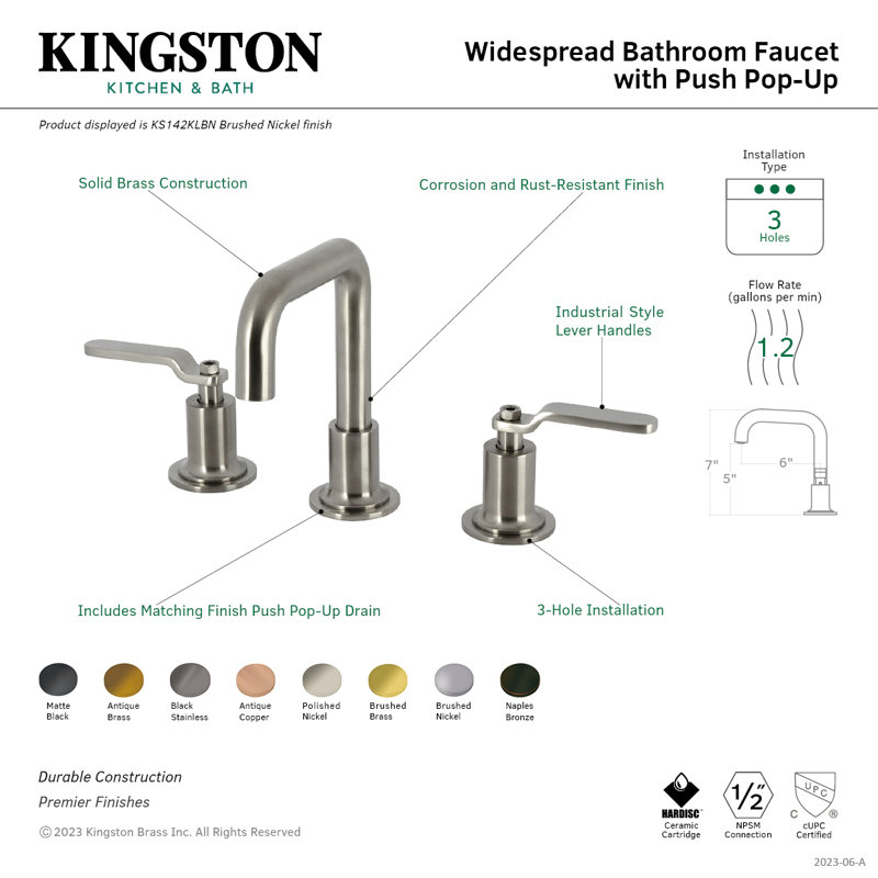 Kingston Brass Whitaker Two-Handle 3-Hole Deck Mount Widespread Bathroom Faucet with Push Pop-Up Drain, Polished Nickel