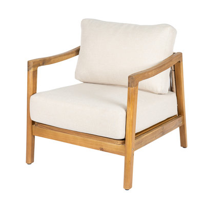 Fauteuil club d'extérieur, structure en bois d'acacia avec dossier en corde, coussins beiges hydrofuges pour patio / cour arrière / terrasse