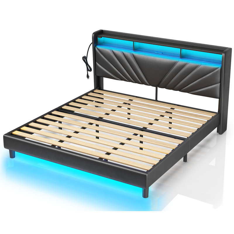 Wenda Upholstered Metal Wingback Storage Bed with Headboard, Charging Station and LED Lights, Full/Double, Black