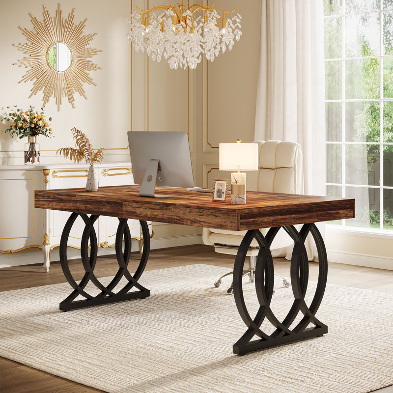 63" Executive Desk With Metal Base, Rustic Brown/Black