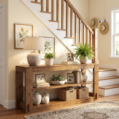 63" Solid Wood Console Table with Storage Shelves, 3-Tier Narrow Entryway Table, Farmhouse Low Sofa Table for Entryway, Hallway, Living Room