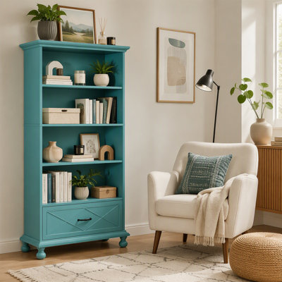 5-Shelf Bookcase with Drawer, 71" Bookshelf with Solid Wood Legs