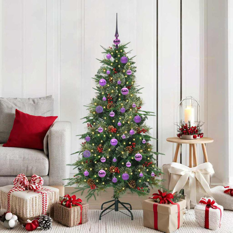 Artificial Hinged Christmas Tree Green PE and PVC, Green/Purple, 4.92' H