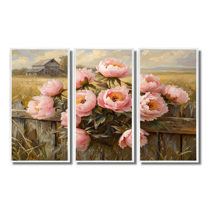 Pivoines par la clôture de la ferme I - art mural pivoines - ensemble de 3, Impression encadrée sans passe-partout, Blanc