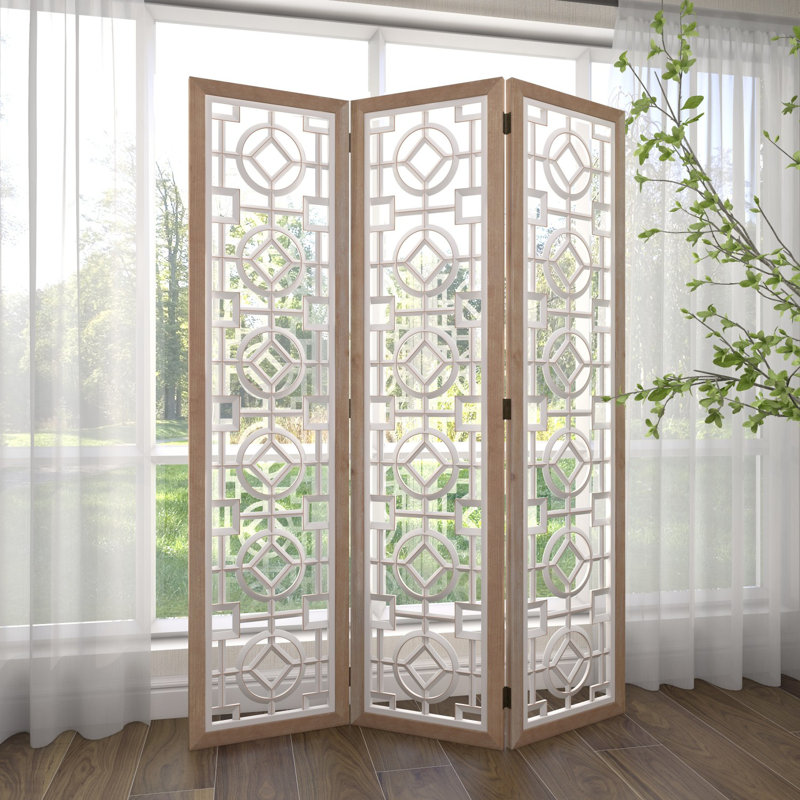 Epperson Wood Hinged Foldable Partition 3 Panel Geometric Divider Screen with Intricately Carved Designs