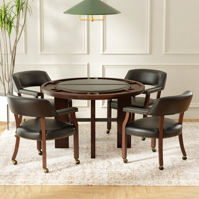 Table de salle à manger et de jeux au fini noyer avec insert en similicuir noir