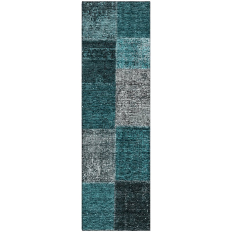 Tapis bleu sarcelle lavable à la machine Premium Prisco, Tapis de couloir 2 pi 3 po x 7 pi 6 po