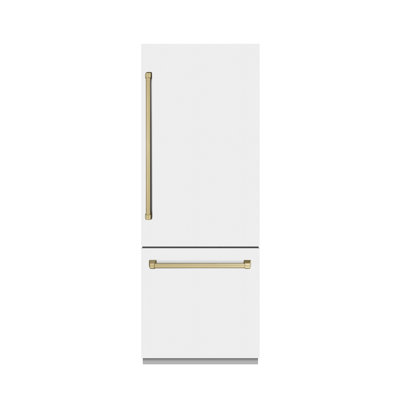 ZLINE Autograph Edition 30 po 16.1 cu. Réfrigérateur à congélateur inférieur intégré avec distributeur d'eau et machine à glaçons en acier inoxydable noir avec intérieur et détails gris graphite