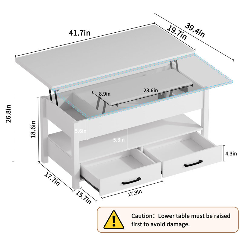 Lift Top Coffee Table with Hidden Storage & Drawers, 3-in-1 Convertible Multi-Functional Center Table for Living Room, Small Space, Home Office & Dining