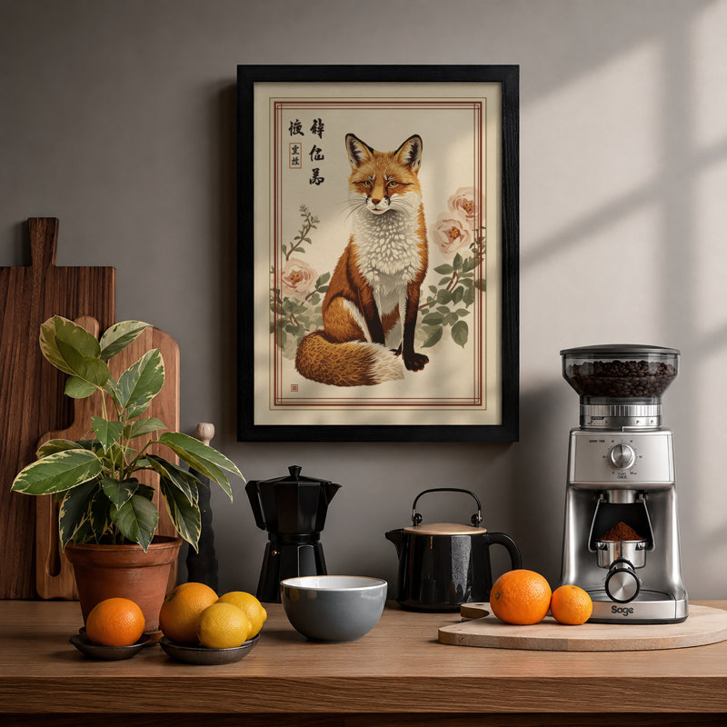 Sitting Fox with Flowers Japandi - Framed Print, Black, A4 - 29.7 x 21.0 cm