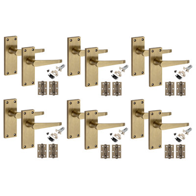 Golden Grace 6 Pairs Victorian Design Straight Lever Door Handles Antique Brass Durable Metal Backplate Internal Latch Set with Hinges - 120 x 40mm