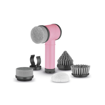 Swan x Lynsey SWFC1003QOCN 5-in-1 Cordless Spin Scrubber with Multiple Brush Heads for Showers, Bathtubs, Dishes, Tiles and Shoes Chemical-Free Cleaning, IPX5 Rated, Wall Holder Included, Pink