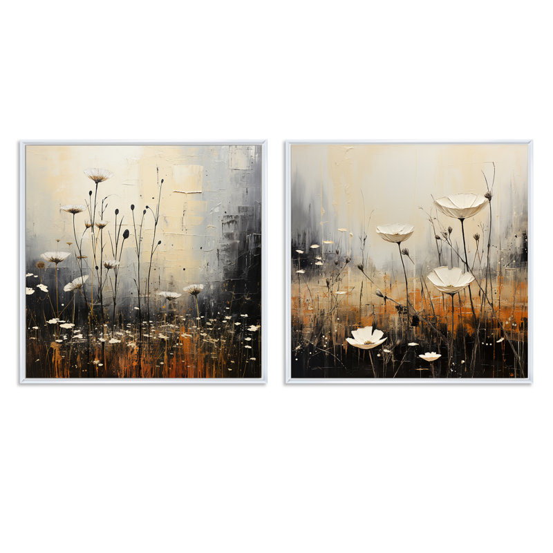 Minimalisme prairie au crépuscule - ensemble de 2 collages carrés Meadow, Cadre flottant blanc, H 16 po x l 33 po
