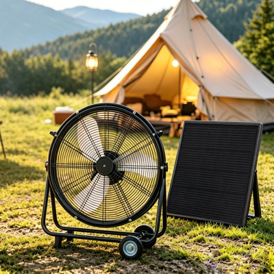 Ventilateur de plancher solaire 24 po avec panneau solaire réglable de 140 W, ventilateur de ventilation mobile sans balais DC de 130 W avec roues, télécommande à 3 vitesses pour entrepôt, atelier, Campin