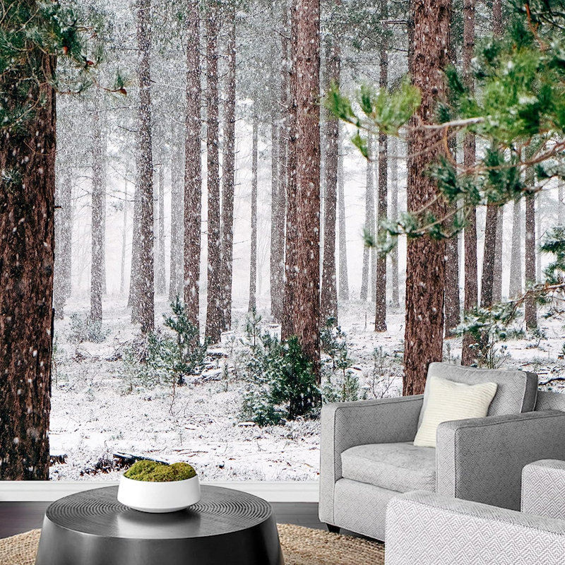 Murale de pins recouverts de neige en hiver, L 66 po x l 96 po