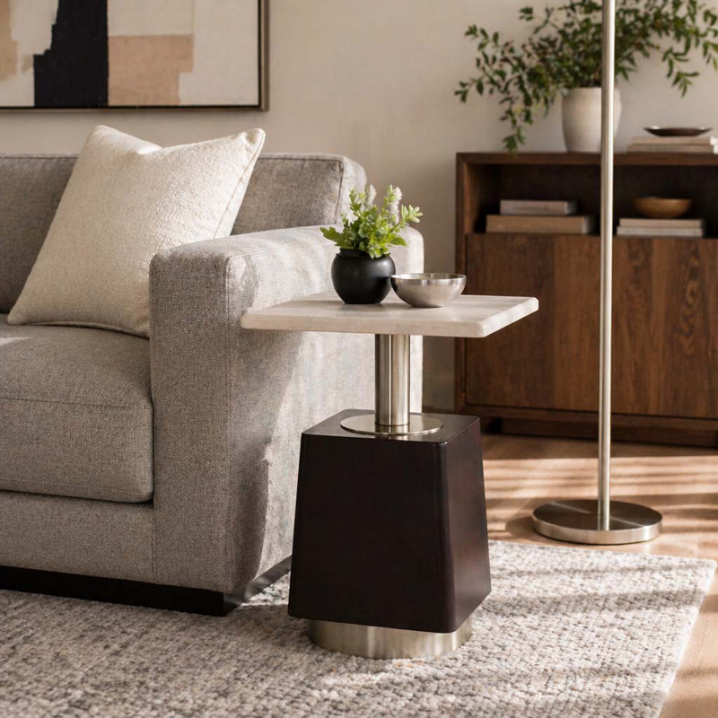 Table d'appoint géométrique en bois et marbre pour un salon confortable - Table d'appoint de conception mixte avec profil étroit pour le style de bureau - 21 po, brun et ivoire