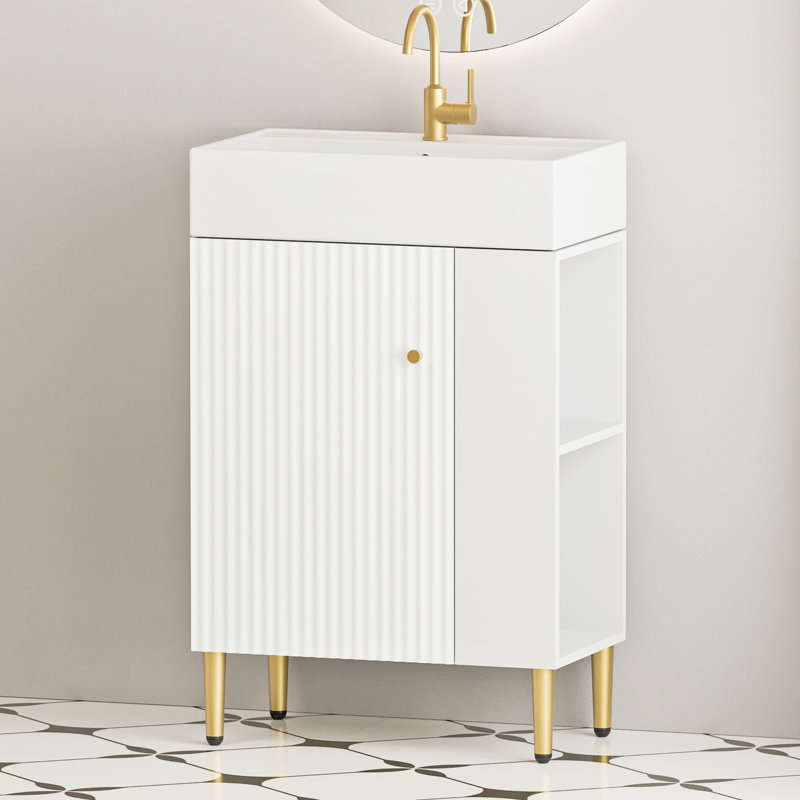 Meuble-lavabo de 21,6 po avec lavabo en céramique, tablette ouverte à droite, surface de teinture 24Vb06-21Whr, armoire de porte blanche et structure