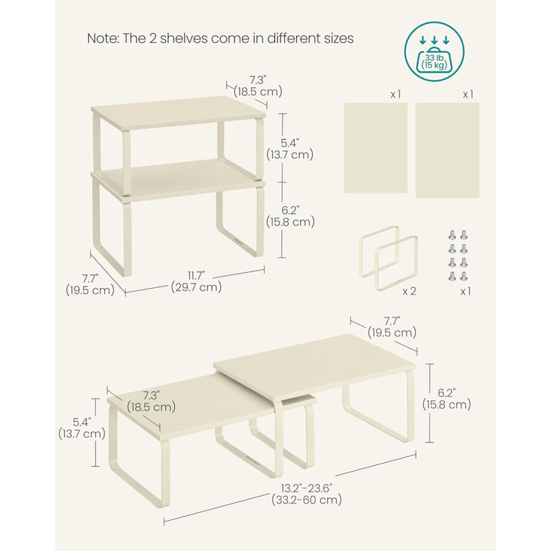 Ensemble de 2 tablettes de rangement pour armoire de cuisine, étagère à épices, empilable, extensible, métal et bois d'ingénierie, blanc crème UKCS002W02