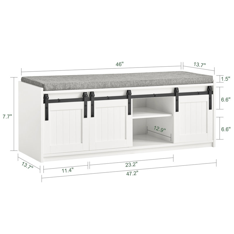 Longworth Shoe Storage Bench for Entryway with Sliding Barn Doors, 17.7" H x 47.2" W x 13.8" D