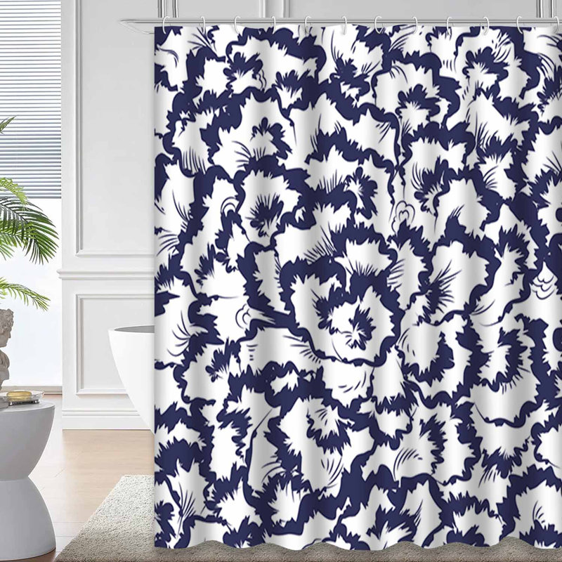 Abstract Floral Elegant Romantic Navy Shower Curtain with 12 Hooks, 72" L x 84" W