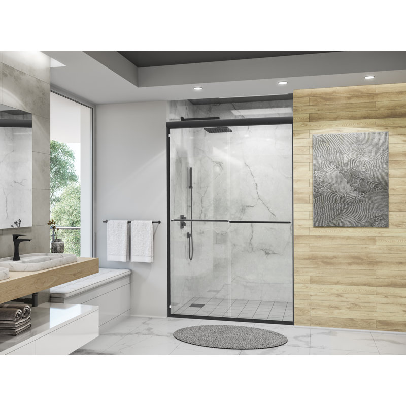 Eurolite l 48 po x H 70,5 po Porte de douche coulissante sans cadre de couleur noir mat avec verre transparent épais de 3/8 po (10 mm)