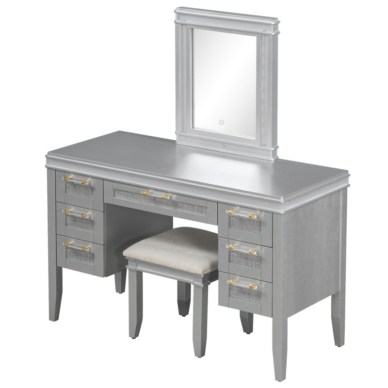 48" Vanity Desk With Mirror And Lights, Makeup Vanity With 7 Drawers And Cushioned Stool, Classic Grey Finish Dressing Table With Hollow Design Drawer For Bedroom, Rubber Wood Legs