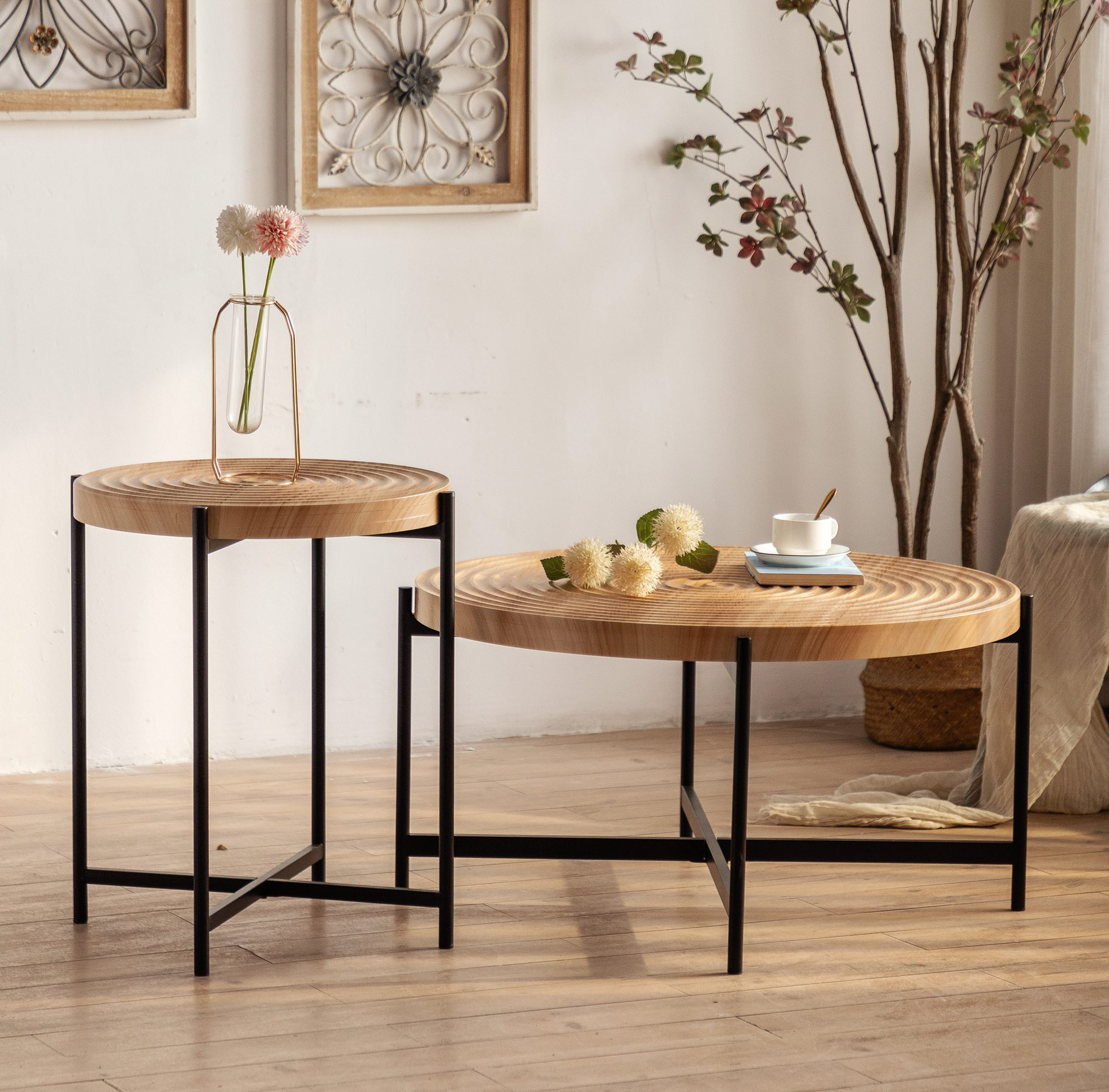 Round metal coffee table store with wood top