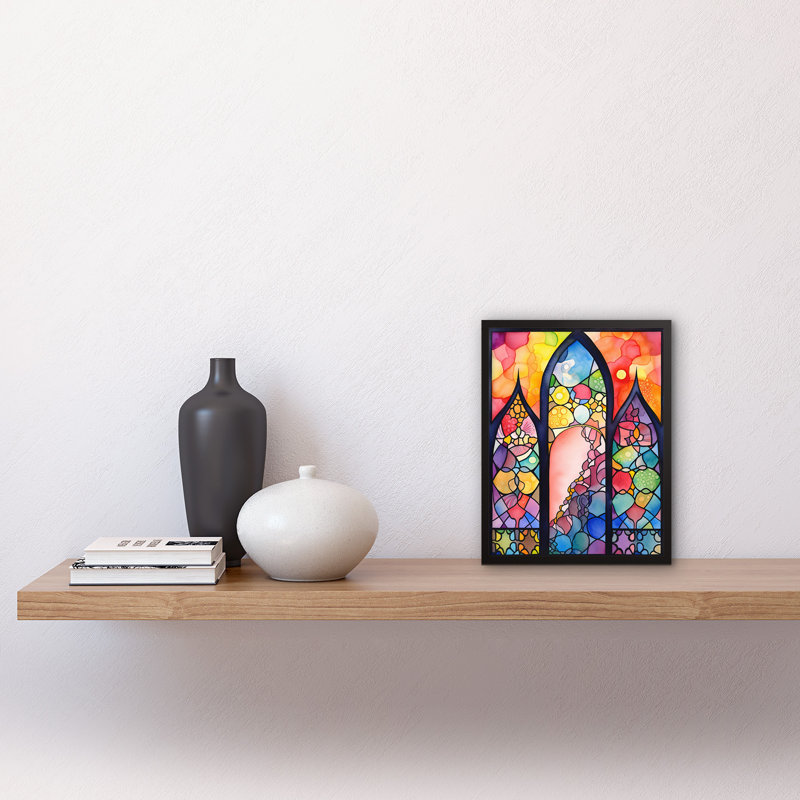 Stained Glass Window Folk Art Abstract Artwork Framed Wall Art Print 9X7 Inch