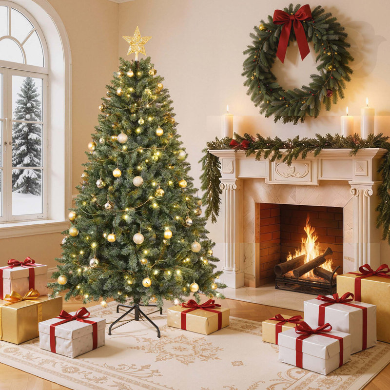 Arbre de Noël artificiel 7,5 pi pré-éclairé: 550 lumières à DEL blanc chaud, 1350 pointes en PVC et aiguille dure, conception à branches articulées, support en métal robuste, apparence réaliste