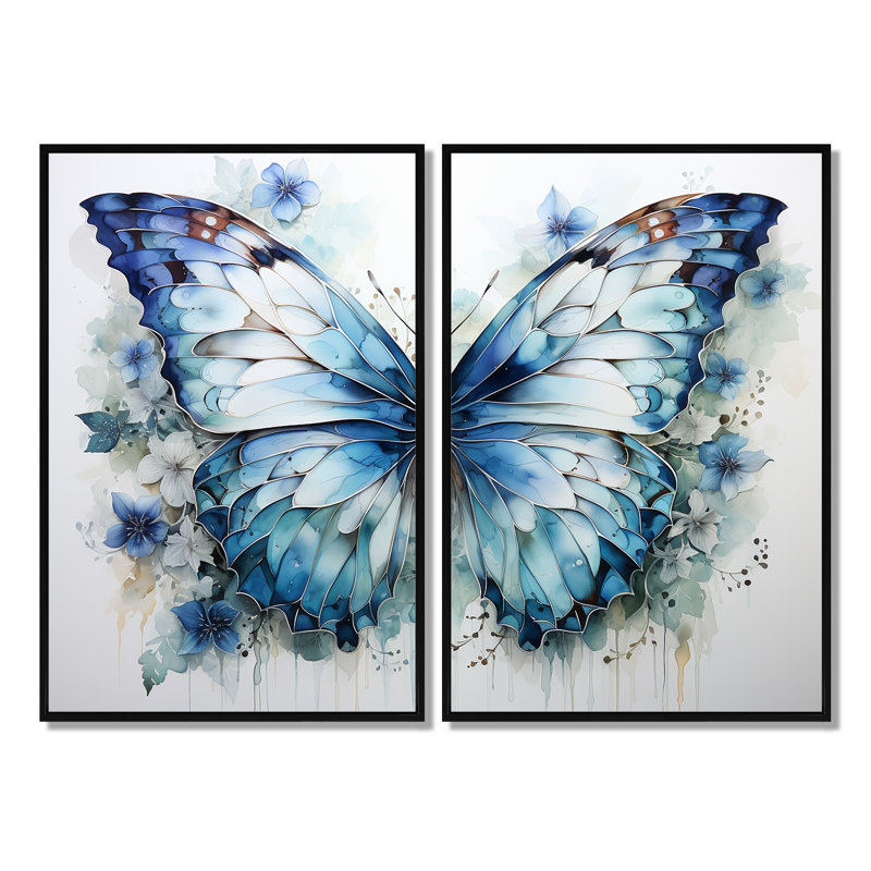 «Butterfly Watercolor Wings I», art mural bleu, Noir, H 36 po x l 48 po, Reproduction encadrée sans passe-partout