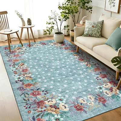 Tapis vert 240 x 300 cm pour salon, tapis fleuri lavable avec envers antidérapant, tapis à poils courts pour chambre et salle à manger