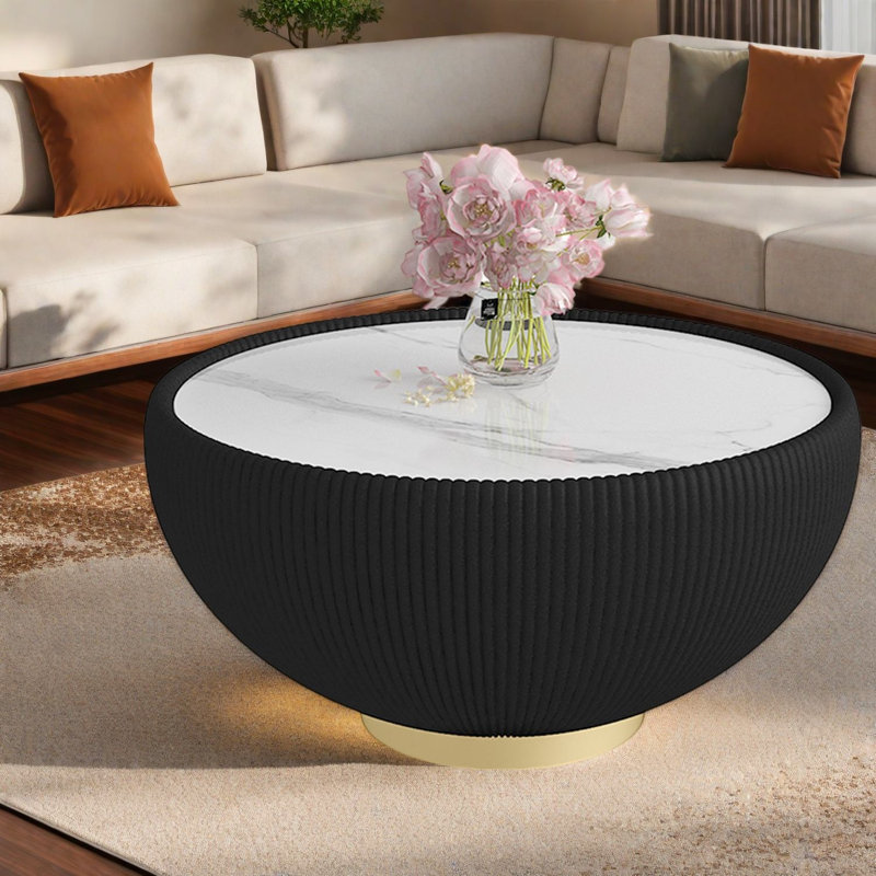Tables de bout modernes, grand plateau rond en pierre frittée, base en métal à bord en cuir