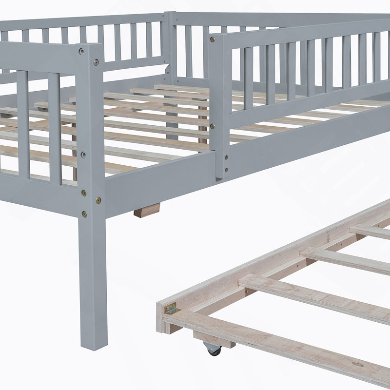 Wood Daybed With Trundle And Fence Guardrails, Gray, Full/Double
