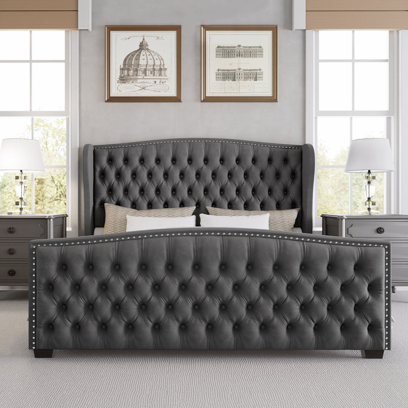 Platform Bed Frame With Wingback Headboard, King, Gray