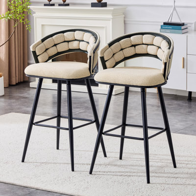Set Of 2 Chenille Bar Stools With Black Iron Legs, Modern Kitchen Island Counter Height Stools