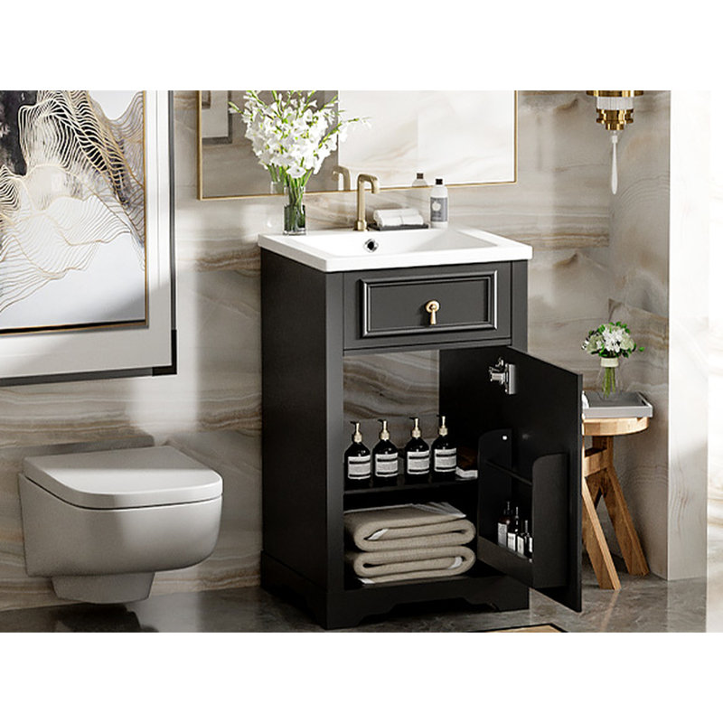 Meuble-lavabo noir de 20 pouces avec lavabo en céramique, construction et tablette réglable pour un lavabo fiable. Compact et fonctionnel. Protection contre le débordement. Porte-porte. Finition.