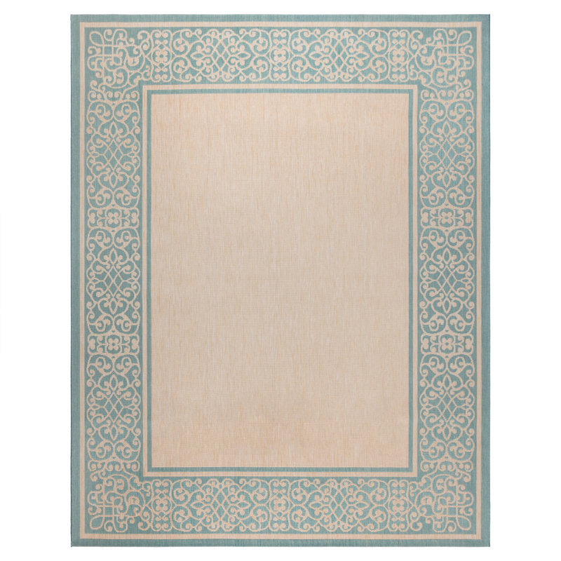 Arnaud Scrolled Border Aqua Blue Ivory Flatweave Indoor/ Outdoor Area Rug, Rectangle 8'9" x 13'1"