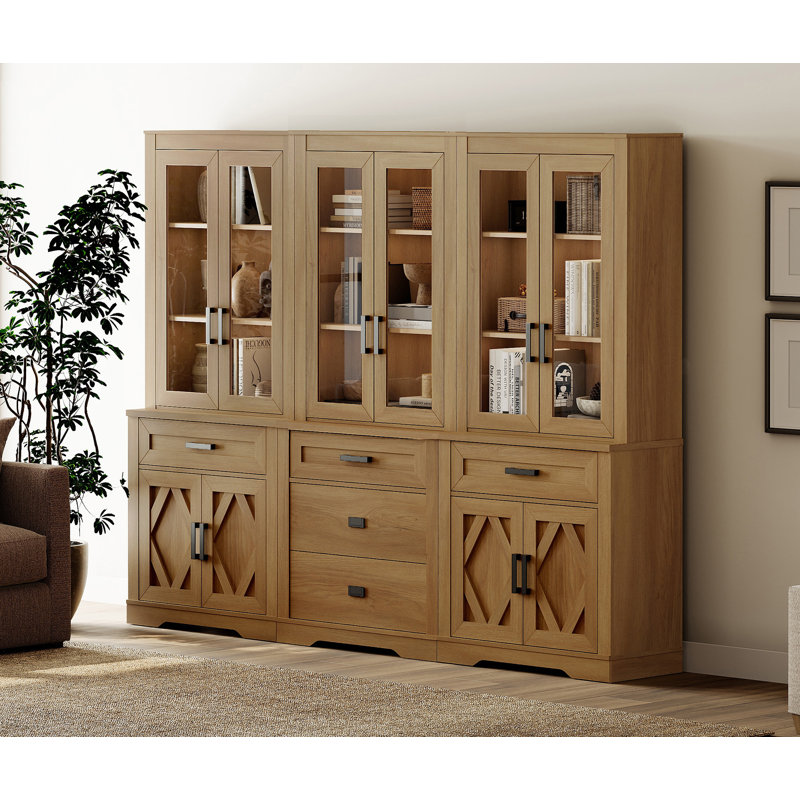 3 Column Bookcase With Drawer,73.3" Tall Floor Standing Bookshelf,Modern Farmhouse Display Storage Cabinet With Adjustable Shelves,Walnut
