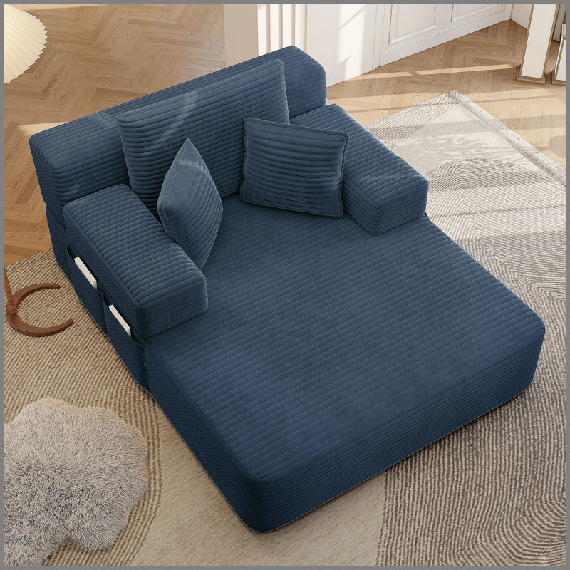 Luxueuse chaise longue en velours côtelé moelleux avec 3 coussins, canapé-lit convertible avec poche de rangement, conception sans cadre et mousse à compression pour les petits espaces, salon, appartement, bleu