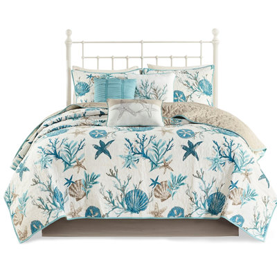 Luxueuse courtepointe double / grand - 6 pièces imprimées avec des coquillages, des étoiles de mer et des coraux pour le coton de la chambre à coucher avec imprimé