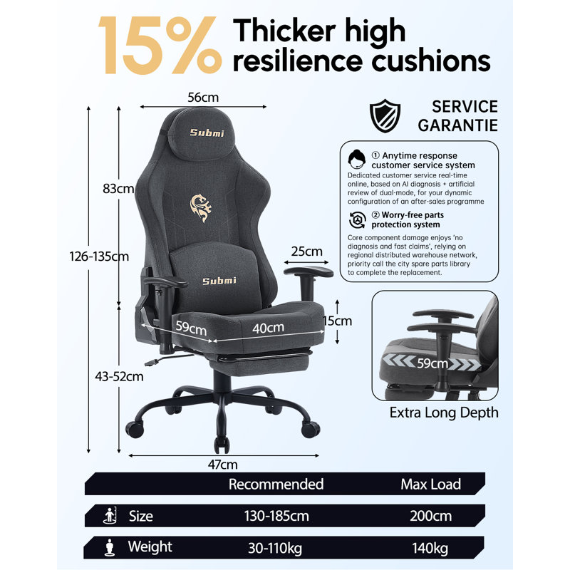 Gaming Chair, Gaming Chair for Adults, Ergonomic Computer Chair with Lumbar Support and Footrest, High Back PC Gamer Chair, Fabric Office Chair, 165°Recliner, Home, Comfy, 350LBS