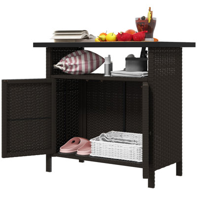 Wicker Outdoor Storage Cabinet With Two Doors And Shelf For Outdoor Pool Towel Storage, Dark Coffee