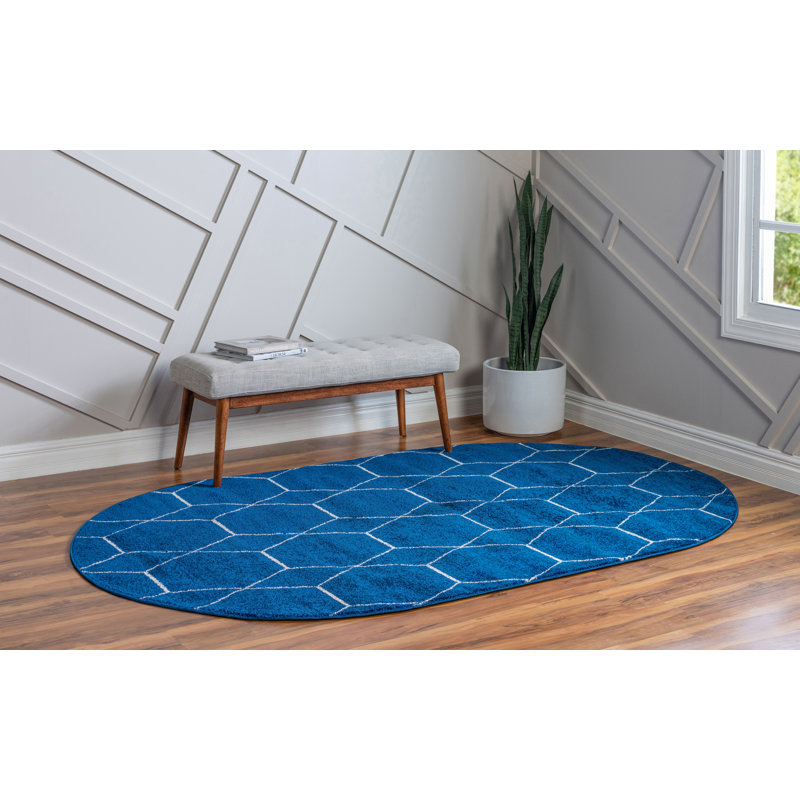Tapis bleu marine à motif géométrique Debrodie, Ovale 5 pi 3 po x 8 pi