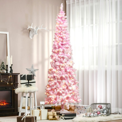 Arbre de Noël artificiel enneigé 7,5 pi avec forme de crayon, branches de pin réalistes, lumières DEL blanc chaud, ouverture automatique, rose et blanc