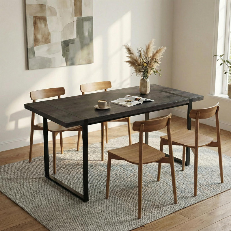 Modern Industrial 59" Rectangular Dining Table With Black Metal Legs And Engineering Wood Top, Dark Gray