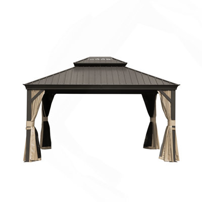Barbecue extérieur en aluminium pour pavillon de jardin 10 po x 12 po avec auvent double en acier galvanisé pour terrasse de patio, rideaux et filet, brun