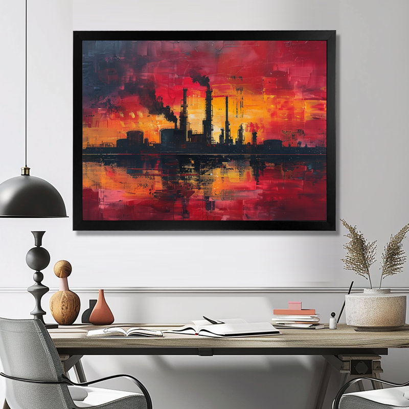 Jaune, rouge, production, pionniers, usines, usines, art mural, salon, Toile encadrée noire simple