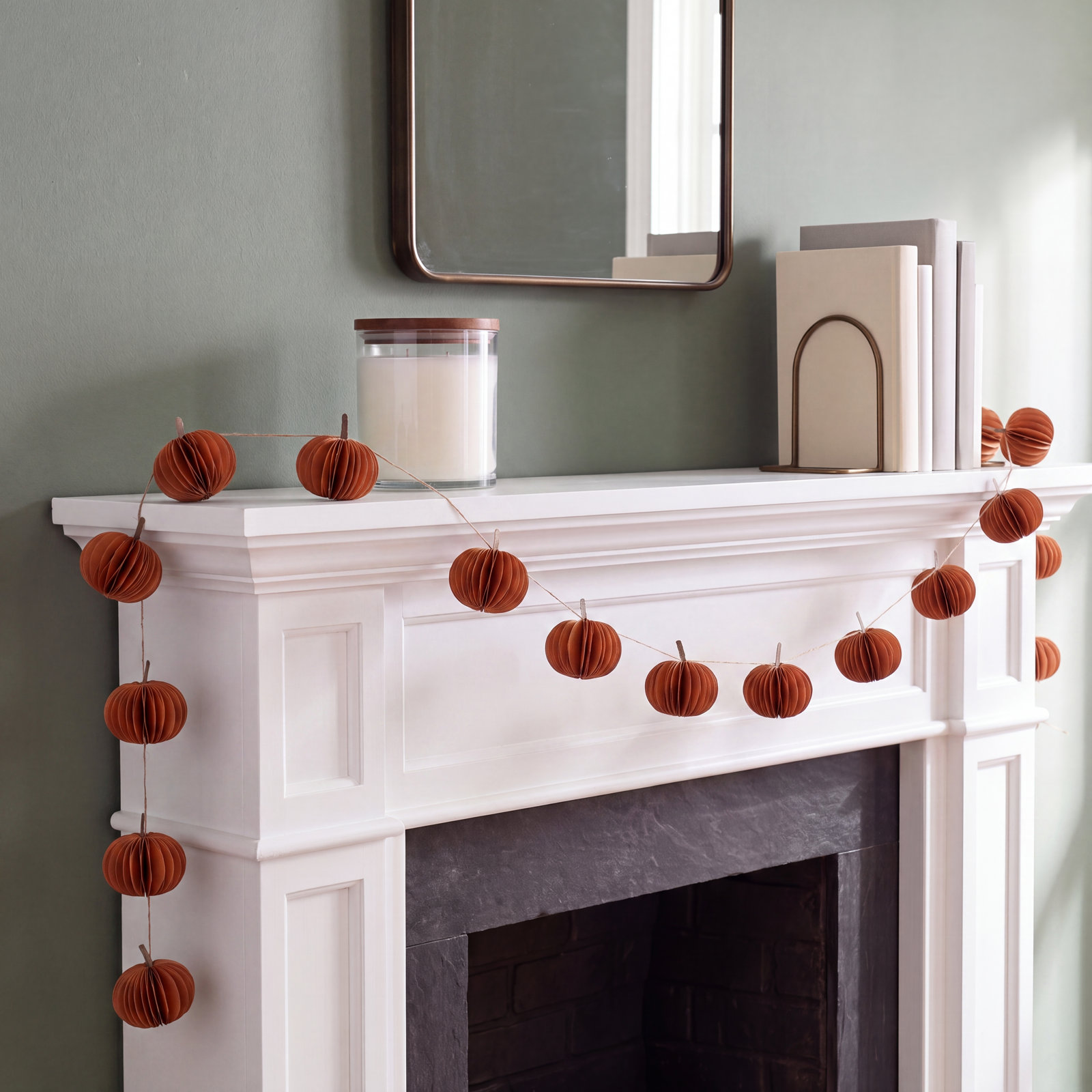 Paper Folding Honeycomb Pumpkin Garland With Twig Stems In Kraft Box